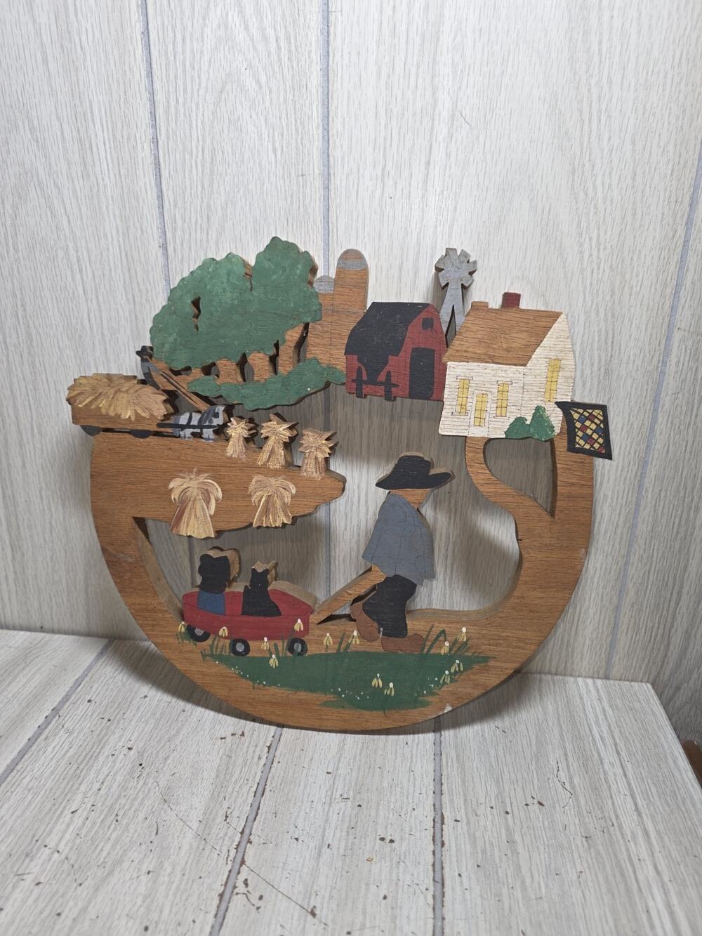 Vintage Wood Fretwork Picture Handmade/Painted Folk Art Tree Ring Creations 12"